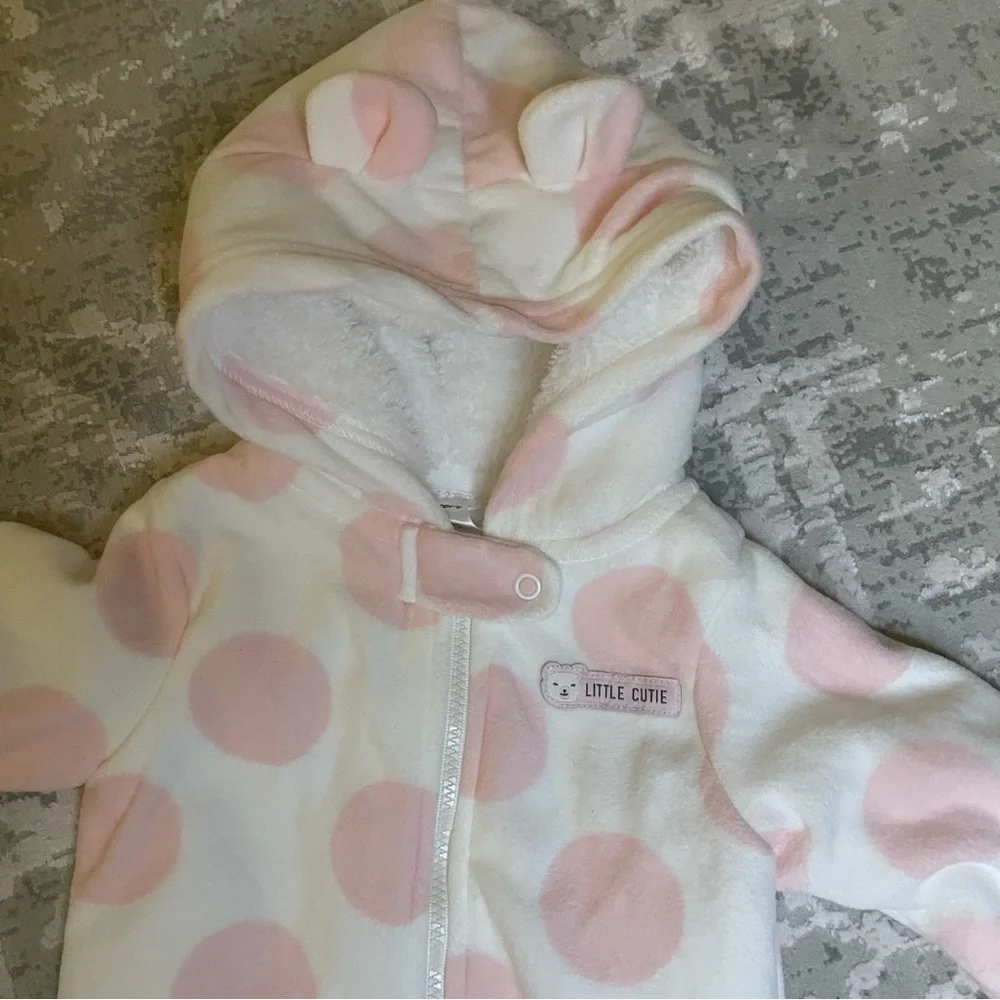 Carters Baby Girl Pink Polka Dot Fleece Pram Suit‎ Hooded Bunting Little Cutie